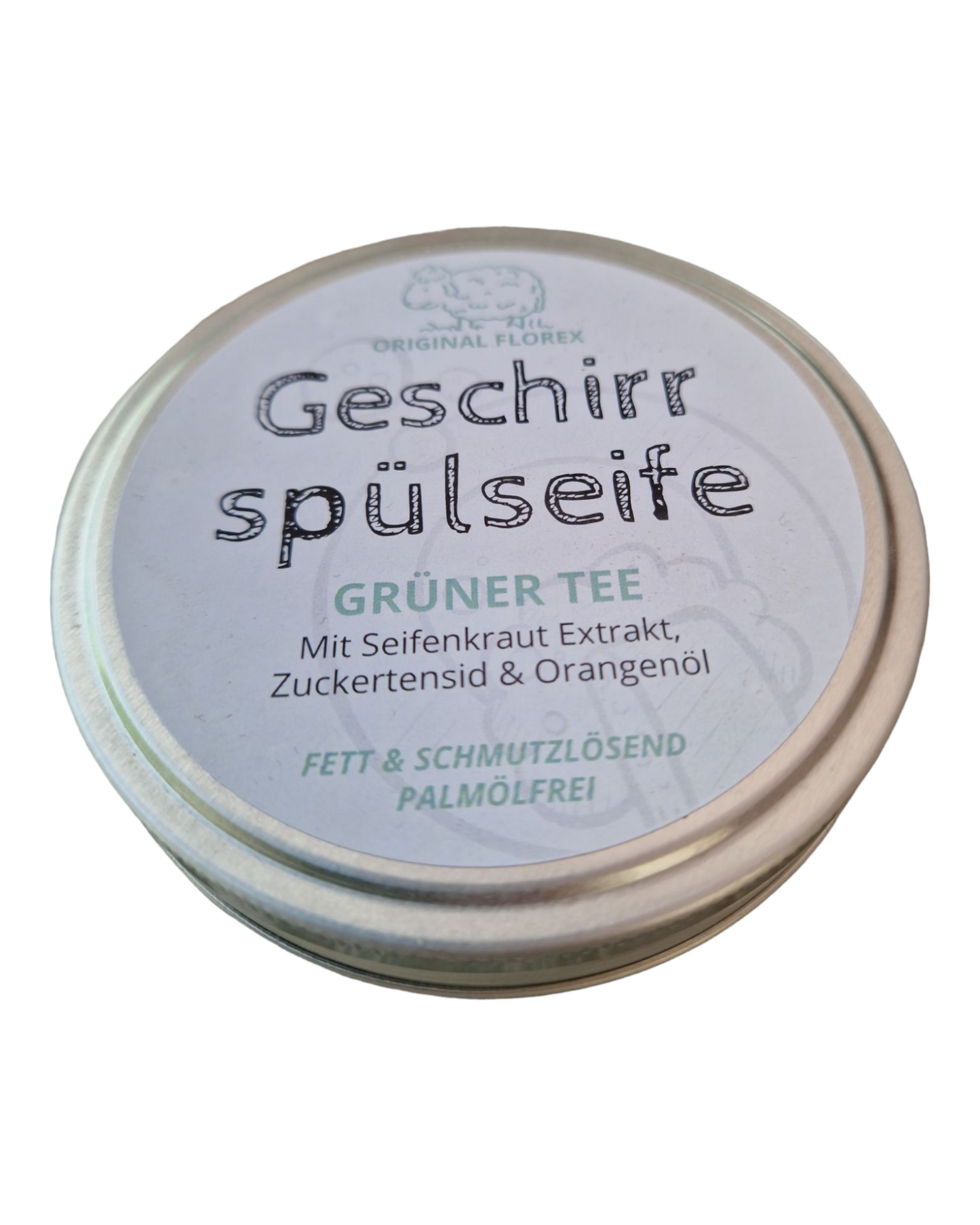 Palmölfreie Geschirrspülseife rund 150g in Dose, Grüner Tee